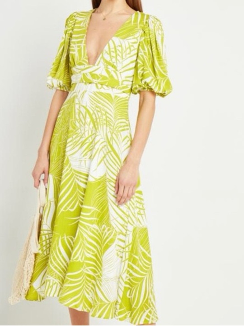 O.P.T Palm Leaf Midi Dress in Lime Green and White
